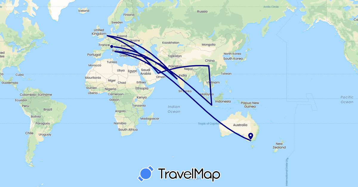 TravelMap itinerary: driving in United Arab Emirates, Australia, China, Indonesia, India, Italy, Netherlands (Asia, Europe, Oceania)